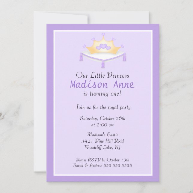 Lila Party Einladung Prinzessin-Crown Birthday (Vorderseite)