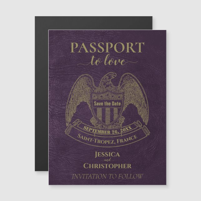 Lila Passport-Hochzeit in Urlaubsort Save the Date Magneteinladung (Vorne/Hinten)
