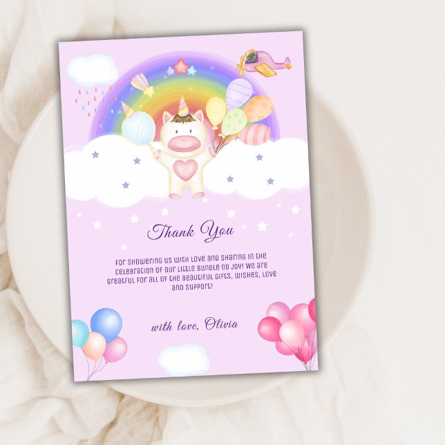 Lila Pastel Balloon Unicorn Rainbow Baby Dusche Dankeskarte (Purple Pastel Balloon Unicorn Rainbow Baby Shower Thank You Card)