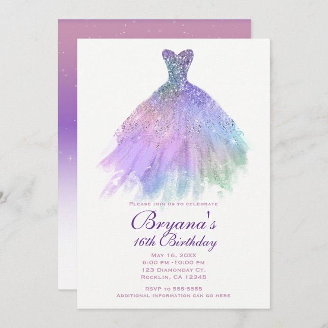 Lila Pastel Glitzer Glam Dress Sweet 16 Party Einladung (Vorne/Hinten)