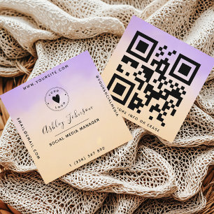 Lila & Peach Dreamy QR Code & Niedliche Logos Mode Quadratische Visitenkarte
