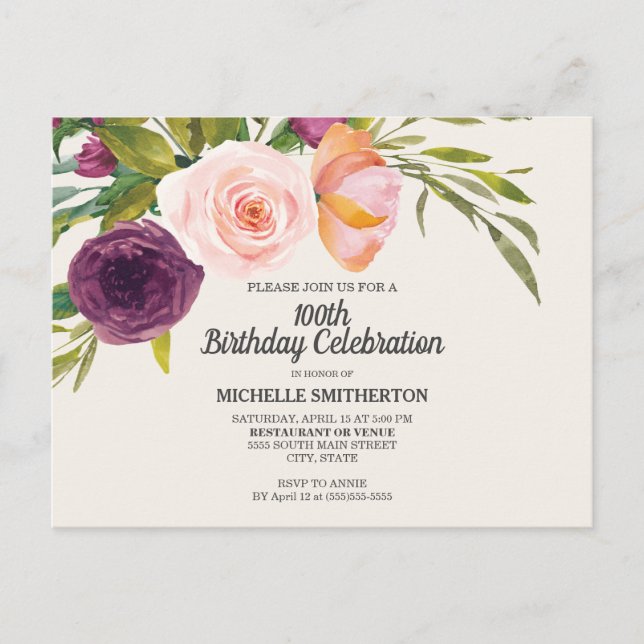 Lila Peach Floral Elfenbein 100. Geburtstag Postkarte (Vorderseite)