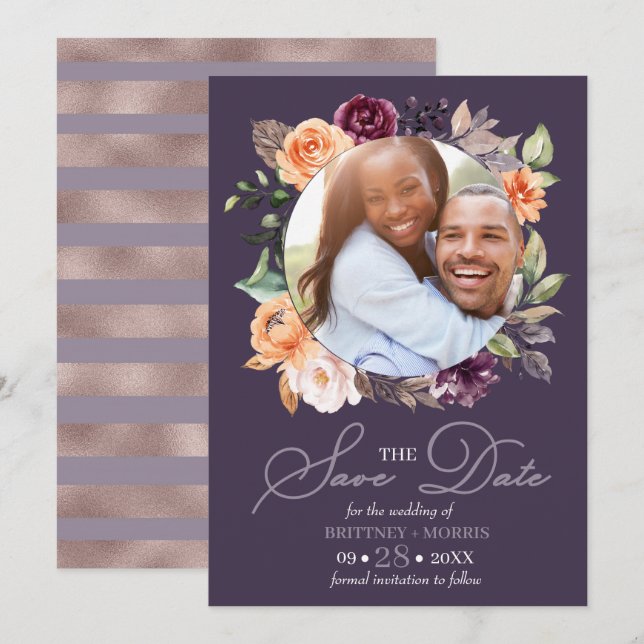 Lila Peach Floral Fall Save the Date Hochzeit Einladung (Vorne/Hinten)