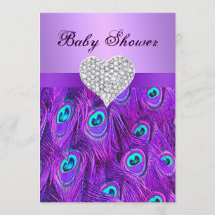 Lila Peacock Diamond Heart Babydusche lädt ein Einladung