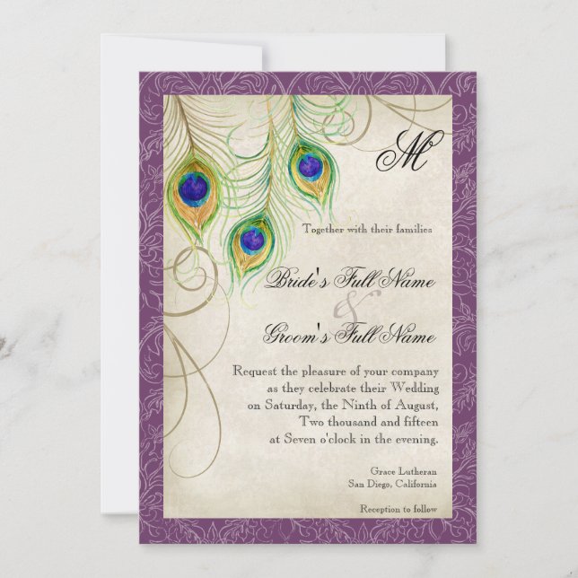 Lila Peacock Feathers Wasserfarbenprächtige Hochze Einladung (Vorderseite)