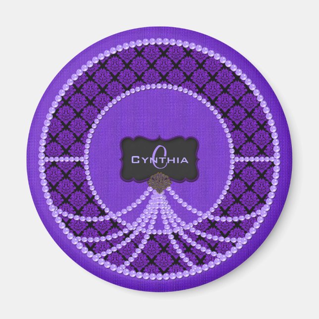 Lila Pearl Damask Round Magnet (Vorne)