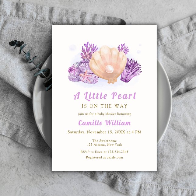 Lila Pearl Ocean Seashell Baby Dusche Einladung (Purple Little Pearl Ocean Seashell Baby Shower Invitation)