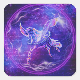 Lila Pegasus Neon-Geflügeltes Pferd-Galaxie-Kuns Quadratischer Aufkleber