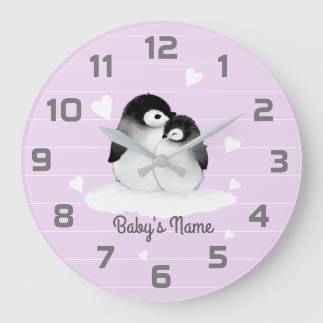 Lila Penguins-Herz-Kinderzimmer-Dekor-Wand-Uhr Große Wanduhr (Vorderseite)