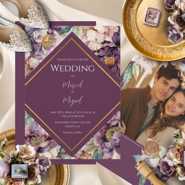 Lila Peonies Floral Foto Moderne Hochzeit Einladung (Von Creator hochgeladen)