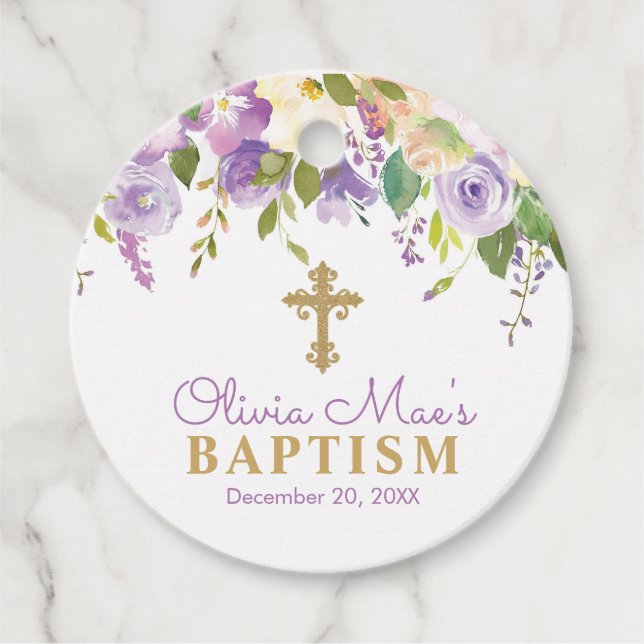 Lila Peonies Girl Baptisk Lila & Gold Geschenkanhänger (Vorderseite)