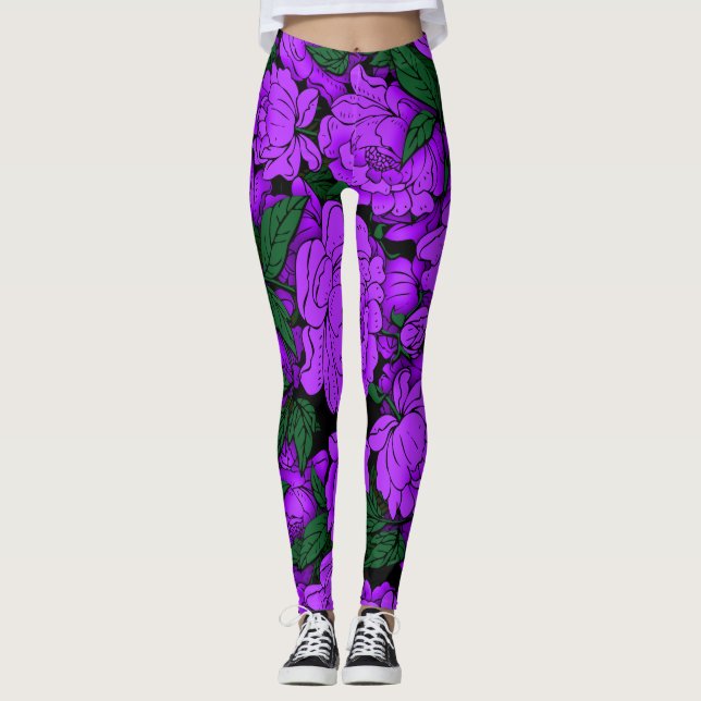 Lila Peonies Leggings (Vorderseite)