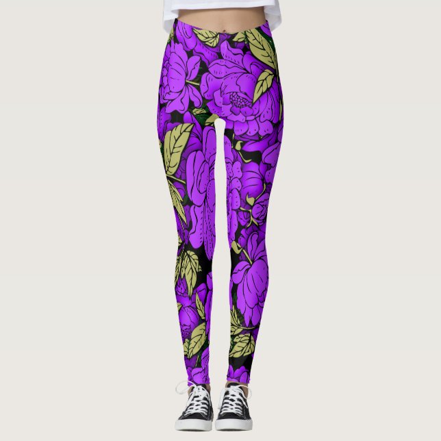 Lila Peonies mit Gold-Blätter Leggings (Vorderseite)