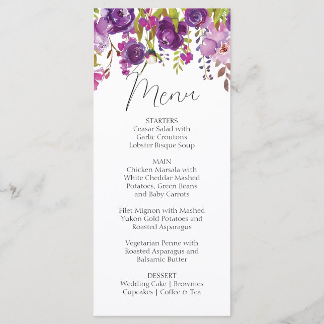 Lila Peonies Wedding Menu Card Menükarte (Vorderseite)
