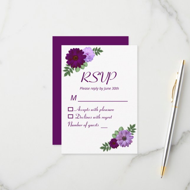 Lila Peony Floral Wedding RSVP Karte (Vorderseite/Rückseite Beispiel)