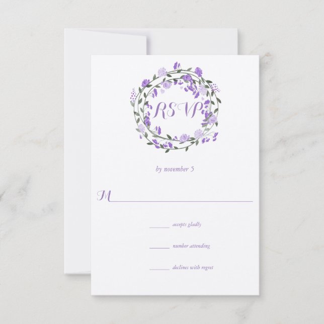 Lila Peony Floral Wreath Wedding RSVP (Vorderseite)