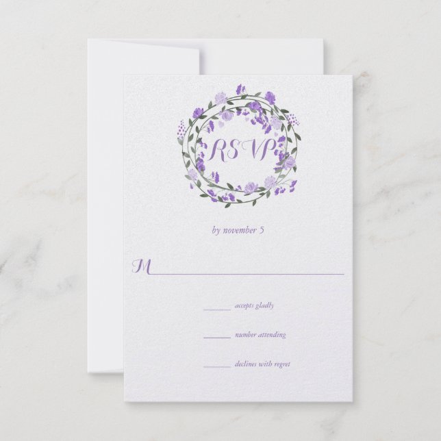 Lila Peony Floral Wreath Wedding RSVP Karte (Vorderseite)