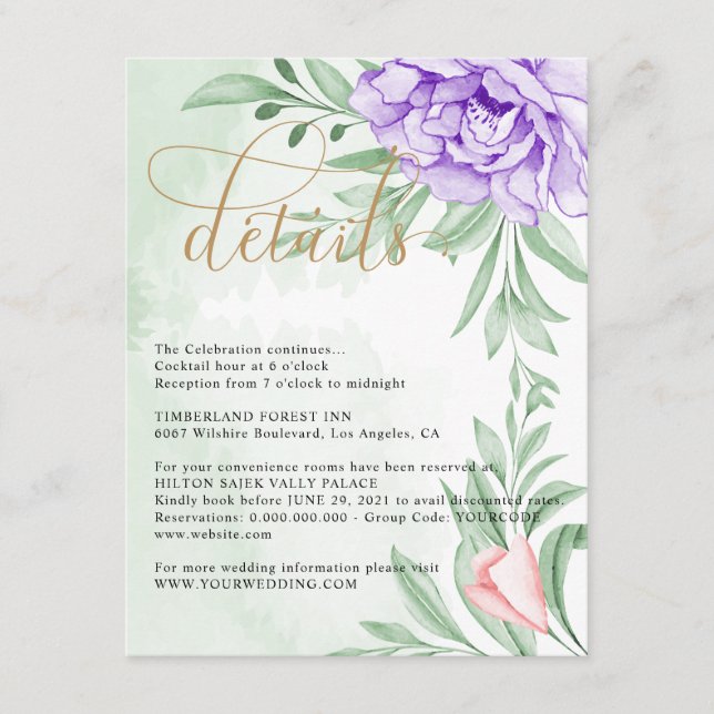 Lila Peony Rose Grüne Blätter Hochzeiten Details Begleitkarte (Vorderseite)