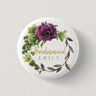 Lila Peony Wreath Bridesmaid Name ID456 Button
