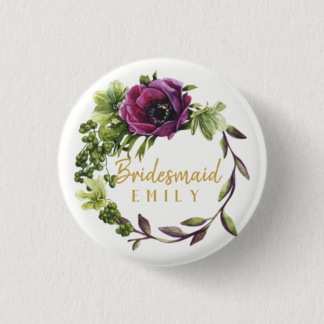 Lila Peony Wreath Bridesmaid Name ID456 Button (Vorderseite)