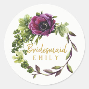 Lila Peony Wreath Bridesmaid Name ID456 Runder Aufkleber