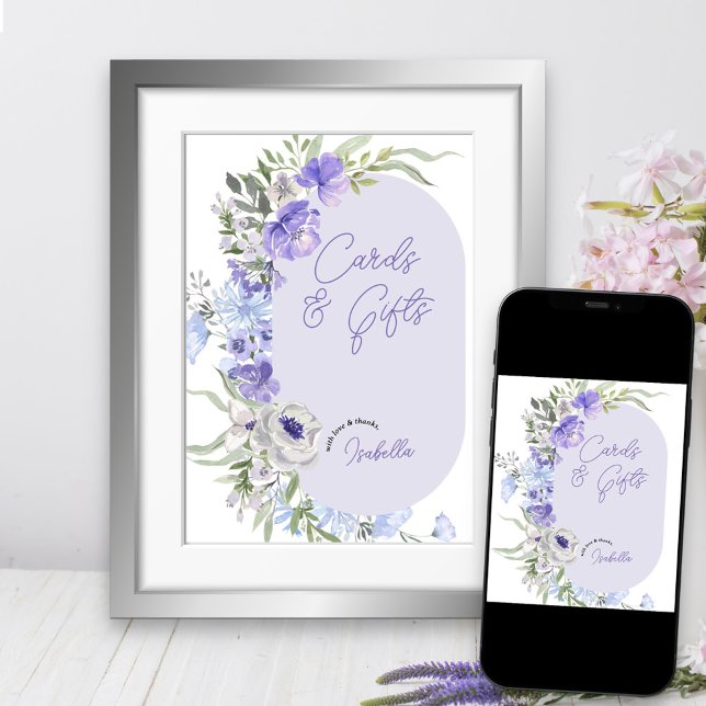 Lila Peri-Blumenkarten und Geschenke Poster (Purple floral party sign available printed or as a download)