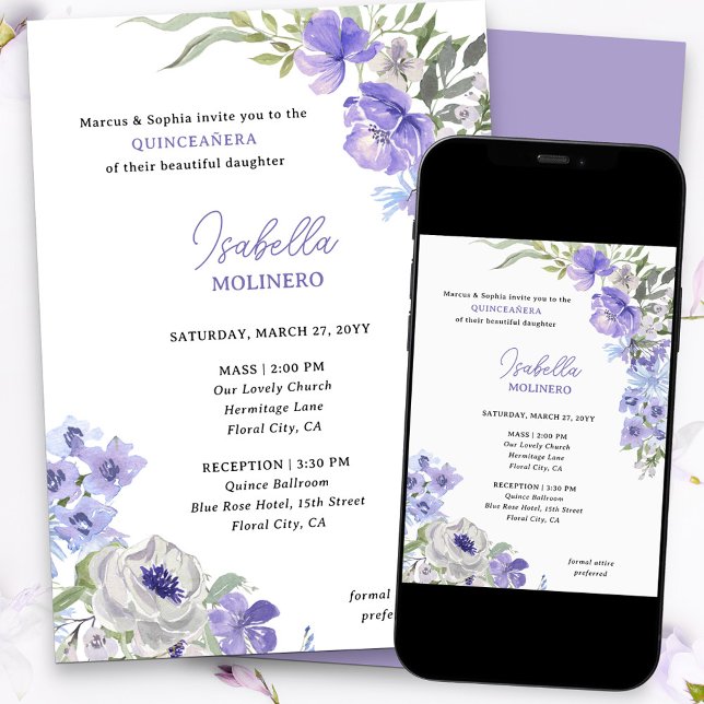 Lila Peri Floral Elegante Quinceanera und Masse Einladung (Purple floral quinceanera invitation)