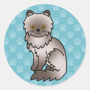 Lila Perserkatze Cartoon-Zeichnung auf Blau Runder Aufkleber