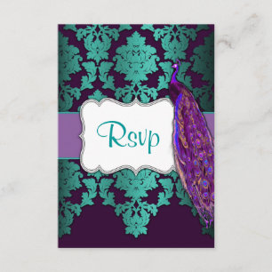 Lila Pfau- und Aquamarine Damaskus-Hochzeitskarten RSVP Karte