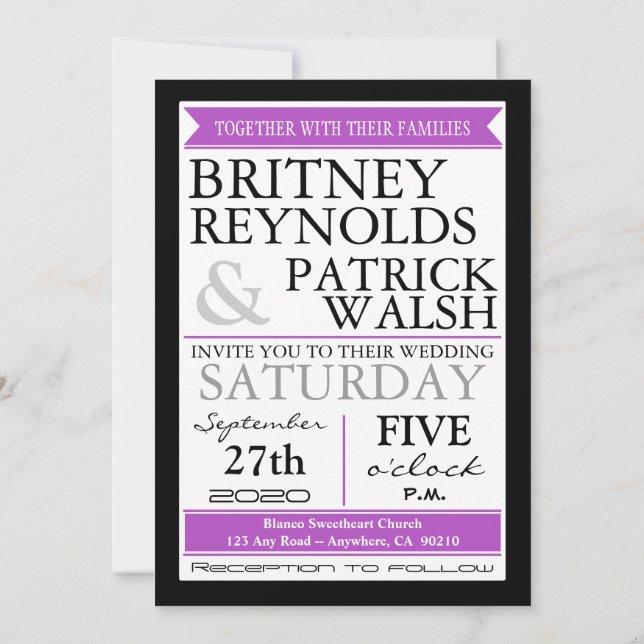 Lila Pfauenfederhochzeit Einladung (Rückseite)