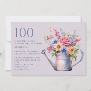 Lila Pfirsich-Blumen-Gießkanne 100. Geburtstag Einladung
