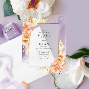 Lila, Pfirsich, Rosé und Creme Blumen Hochzeit Acryleinladungen