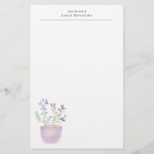 Lila Pflanze des Aquarellkerns in rosa Töpfe Briefpapier
