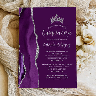 Lila Pflaume Silber Achat Quinceañera Einladung