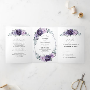 Lila-Pflaume-Silber-Blüten-Geometrische Hochzeit Dreifach Gefaltete Ankündigung