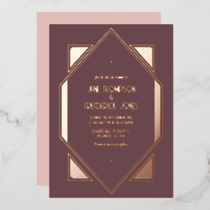 Lila-Pflaume- und Roségold-Gatsby-Art-Deco-Hochzei Folieneinladung