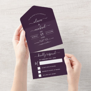 Lila Pflaumen-Hochzeit moderne Typografie RSVP All In One Einladung
