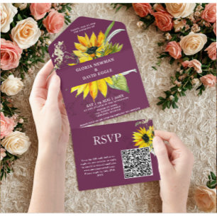Lila Pflaumen-Sonnenblumen-QR-Code All In One Einladung