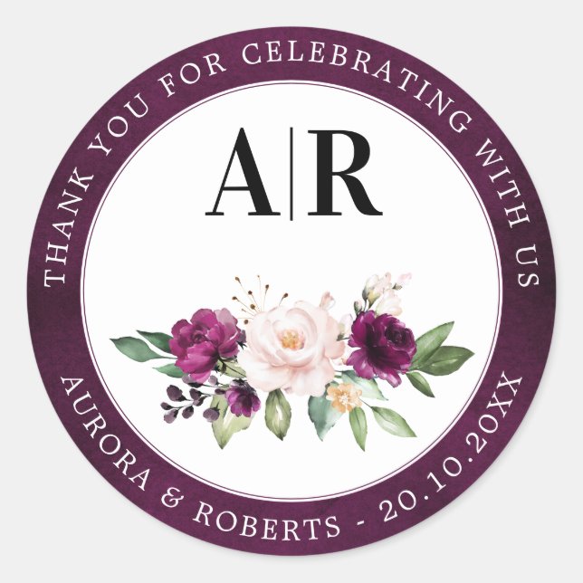 Lila Pflaumenrot Rosen Hochzeit Danke Cla Runder Aufkleber (Vorderseite)