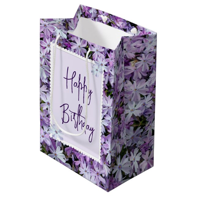 Lila Phlox zum Geburtstag Mittlere Geschenktüte (Vorderseite Schrägansicht)