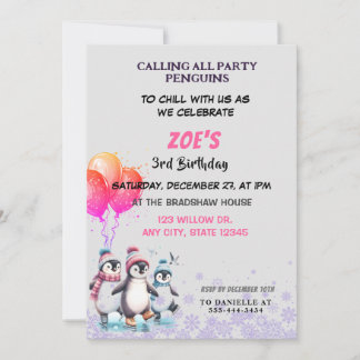 Lila Pinguine Ice-Skaten zum Geburtstag Einladung