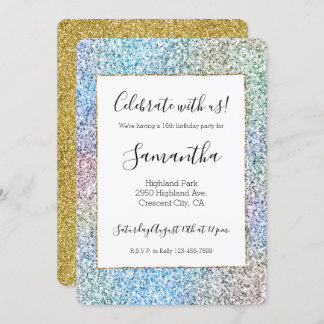 Lila Pink Aqua Blue Gold Einhorn Glitzer Einladung