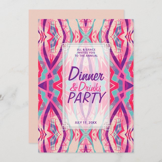 Lila Pink Aqua Boho Chic Dinner Drinks Party Einladung (Vorne/Hinten)