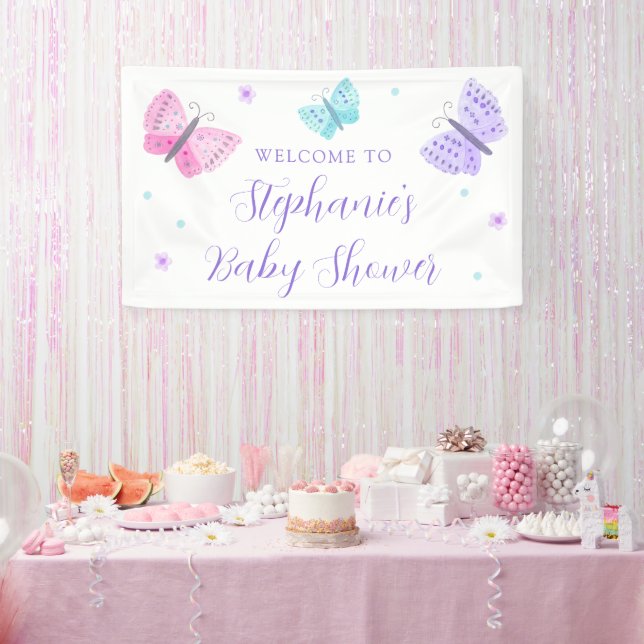 Lila Pink Aqua Butterflies Babydusche Empfang Banner (Party)