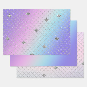 Lila Pink Aqua Silver Mermaid Glitzer Geschenkpapier Set