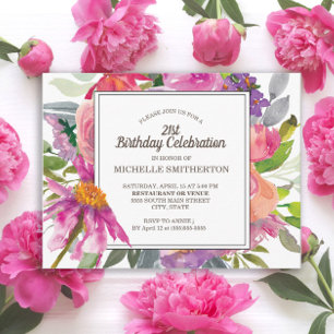 Lila Pink Aquarell Floral 21. Geburtstag Party Postkarte