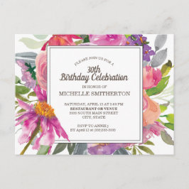 Lila Pink Aquarell Floral 30. Geburtstag Party Postkarte