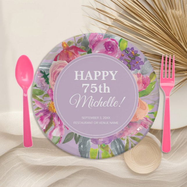 Lila Pink Aquarell Wildblume 75. Geburtstag Pappteller (Elegant purple and pink watercolor wildflowers 75th birthday party paper plates)