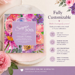 Lila Pink Aquarellfarben Wildblumen 30. Geburtstag Einladung