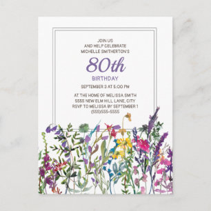 Lila Pink Aquarellfarben Wildblumen 80. Geburtstag Postkarte